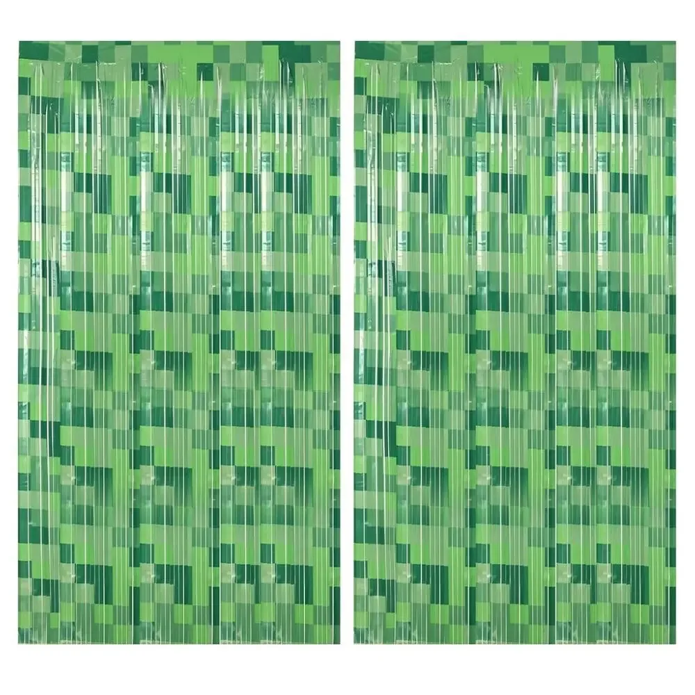2 Pack Pixel Foil Curtain Backdrop 3.2x6.6 ft Green Metallic Fringe Streamers